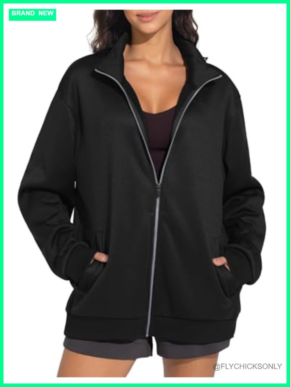 Women's Oversized Zip Up Fleece Mock Neck Sweatshirt Jacket